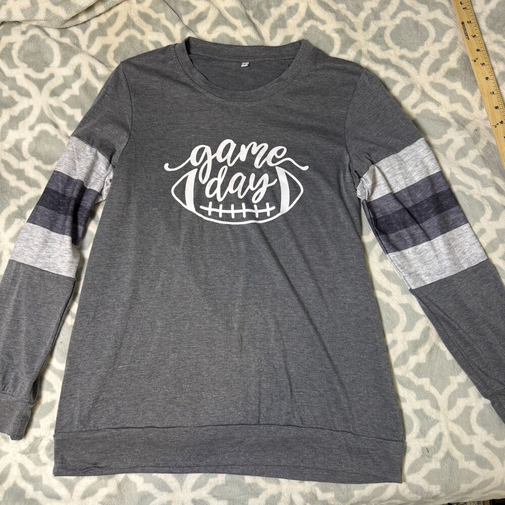 Game Day Football Graphic Long Sleeve Tee Womens S Gray Colorblock Casual Shirt